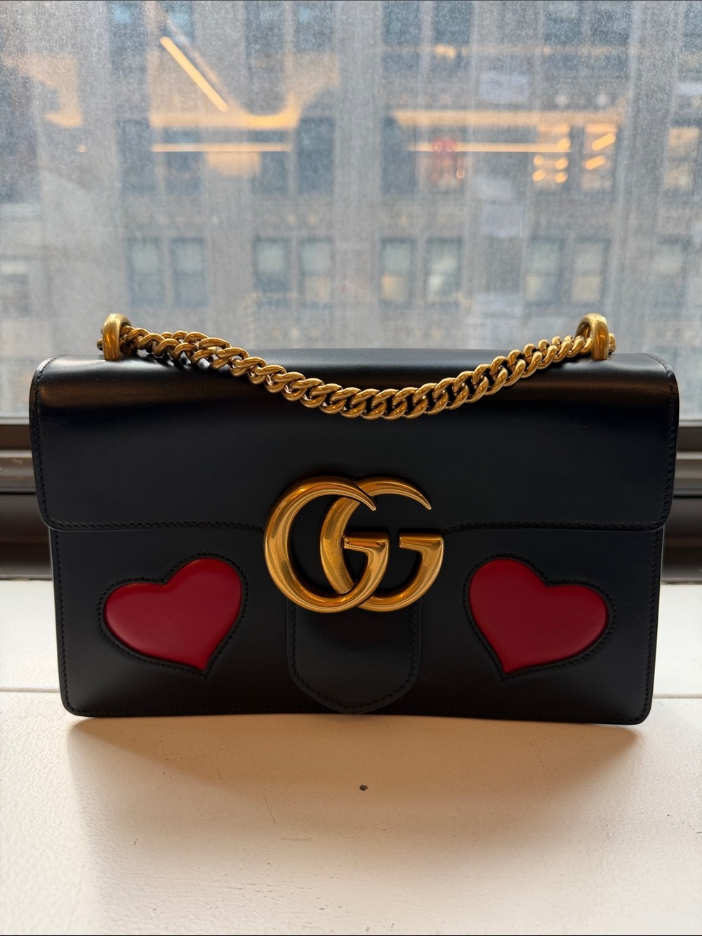 RARE Gucci Black Marmont shoulder bag with Red Heart and Gold Hardware